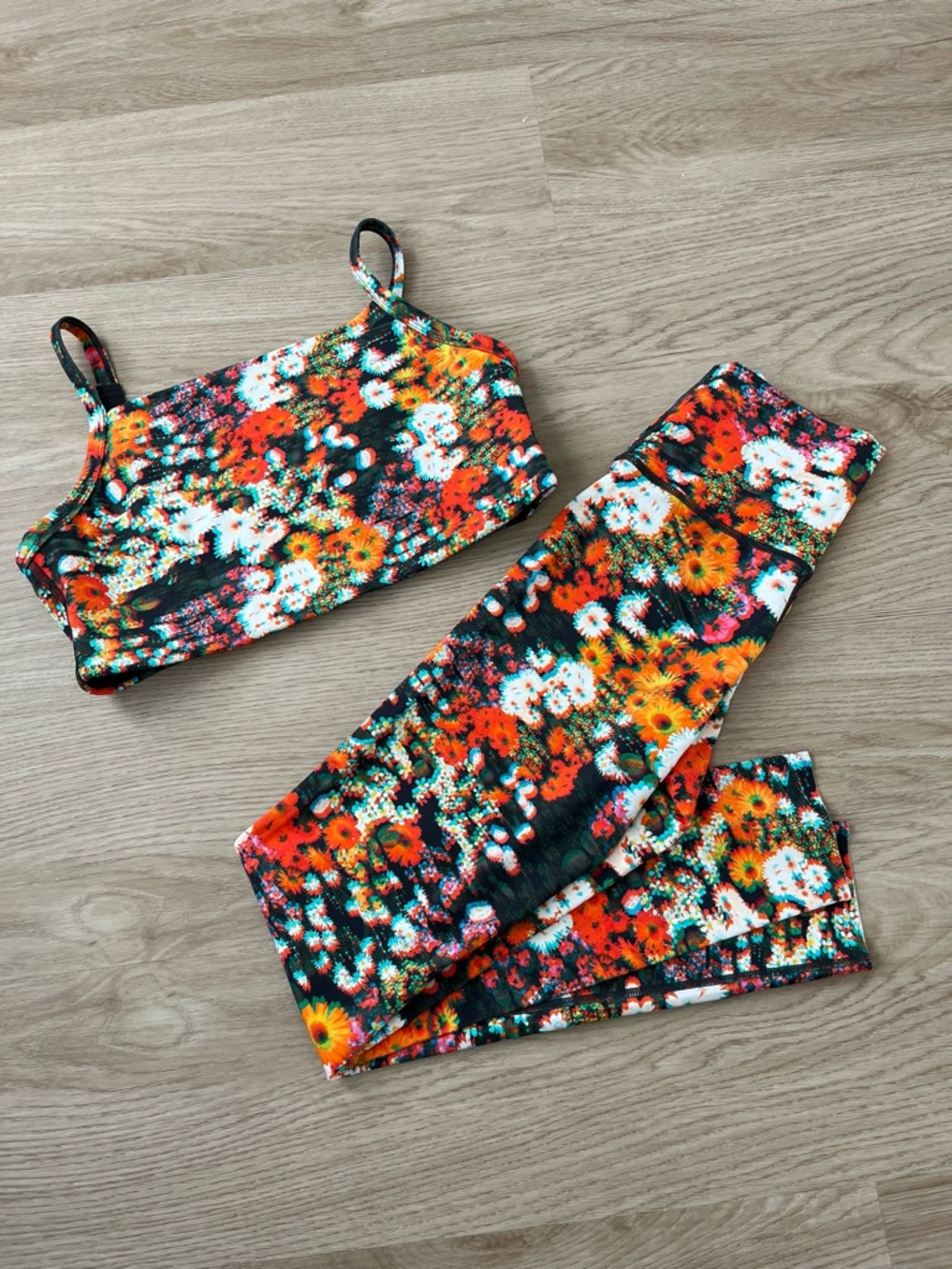 aerie Offline Floral Sports Bra in Black, Orange, Green